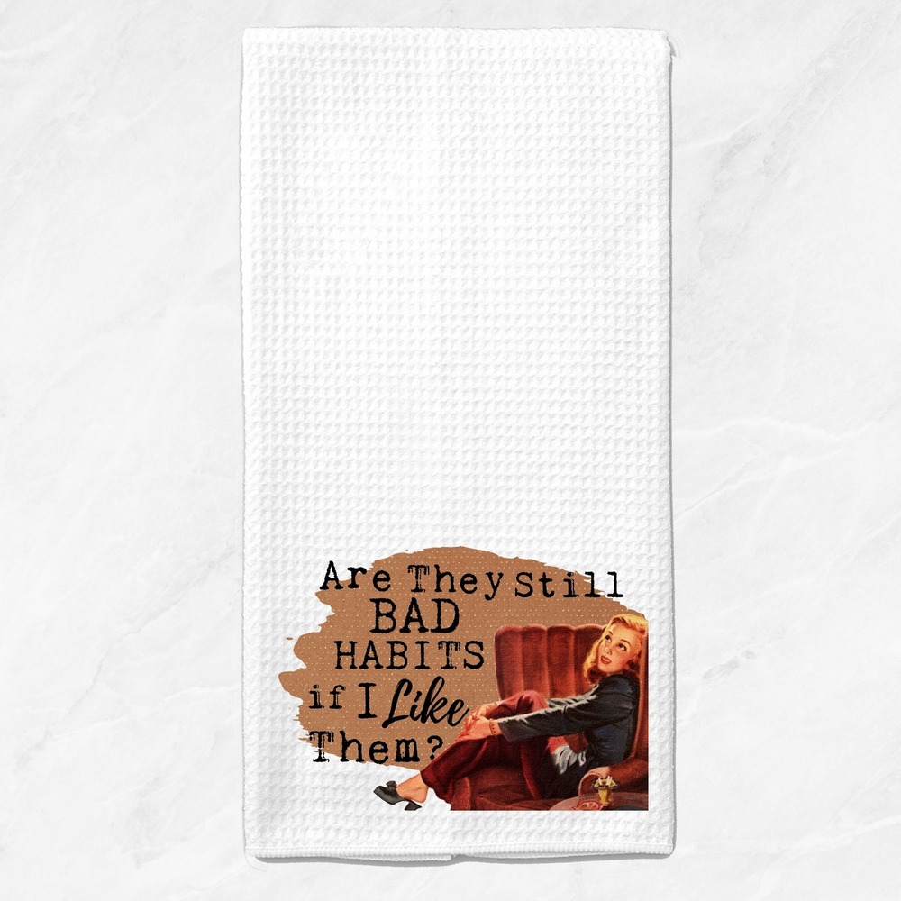 Vintage Style Bad Habits Waffle Weave Kitchen Towel White Funny Retro Graphic - Picture 7 of 9